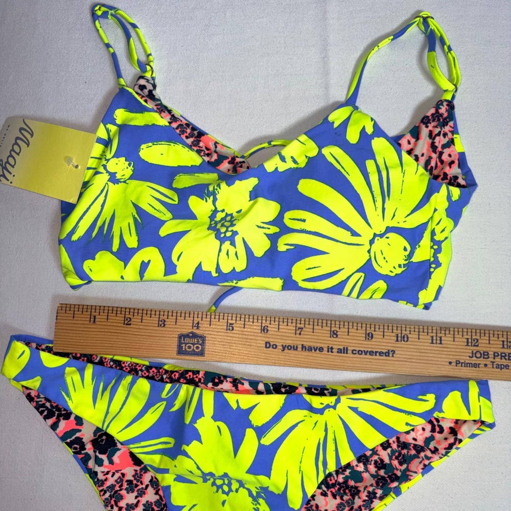 Maaji Bikini Set Medium Blue Neon Yellow New Reversible Floral Animal Print
